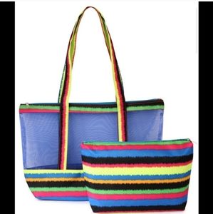 Two bag beach tote set blue/multi striped mesh